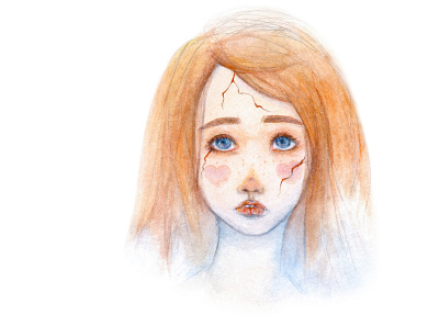 Broken sad doll. Hearts and cracks. art doll drawing girl illustration paper portrait sketch watercolor
