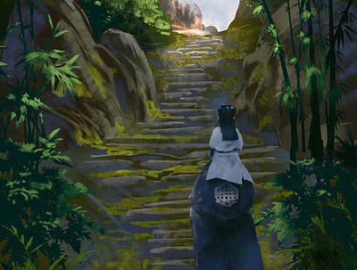 Concept art for Indie Commission bamboo bushes character day forest green leaves light mold mountain path rock steps storytelling sunny trees tropical