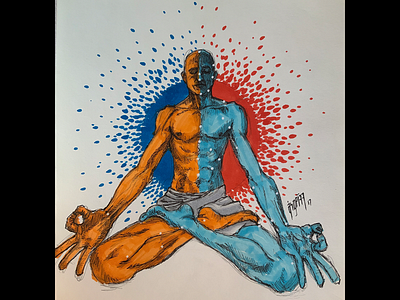 Meditating copic markers drawing illustration orange and blue pen and paper