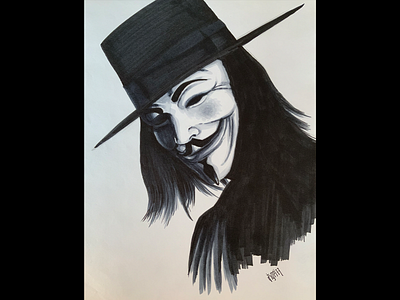 V black and white copic markers drawing illustration pen and paper v for vendetta
