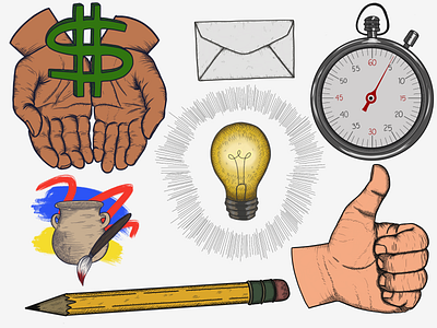 Illustration study design design art digital art envelope hands iconography idea illustration lightbulb logo paint pencil pottery procreate stopwatch symbols thumbs up