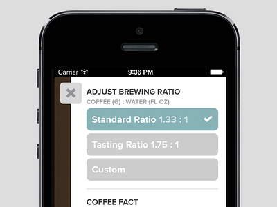 Teaser: A Web App brewing buttons coffee drawer options ratio settings ui