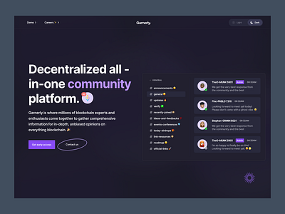 Landing Page Hero: Garnerly Dark Theme 🏝️ blockchain community crypto daos dark darktheme decentralized design hero herosection homepage landingpage next js productdesign startup ui uiux ux web3.0 website