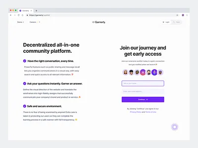 Garnerly — Light Mode Waitlist Page 👾 blockchain chatroom community crypto daos dapp dapps defi earlyaccess garnerly lighttheme minimal networkingtool productdesign signup ui uiux ux waitlist website