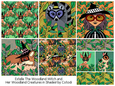 Estelle The WoodlandWitch And Her Woodland Creatures In Shades all hallows eve autumn bunny creatures deer design fall fox halloween illustration octolloween raccoon witch witches woodlands