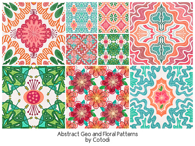 Abstract Geo and Floral Patterns abstract floral flowers geometric green orange pattern design red turquoise