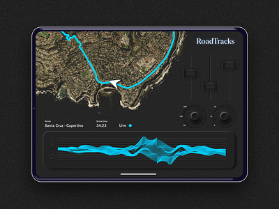 RoadTracks Car App car car interface car ui dark dark mode dark theme dark ui interaction design interface map map ui sound soundwave