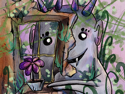 Monster with a Flower abandoned book illustration branding character design design destroy digital fantasy flower forest illustration merch monster postapocalypse postcard poster print ruined city wild window