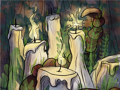 Fire Monster Lights Candles abandoned book illustration branding candles character design design digital fantasy fire forest hidden illustration imaginary light merch monsters postcard print watercolor wild