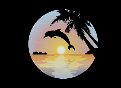 Sunset dolphin palm sea sunset vector
