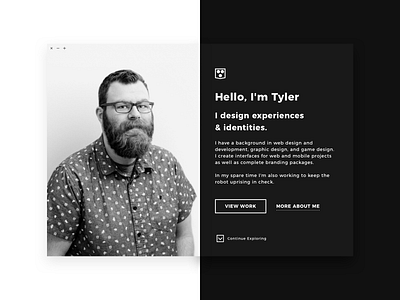 Daily UI 003 • Landing Page about black black and white brand branding daily ui geometic hero homepage icon landing page logo minimal personal typography ui ux ux ui website white