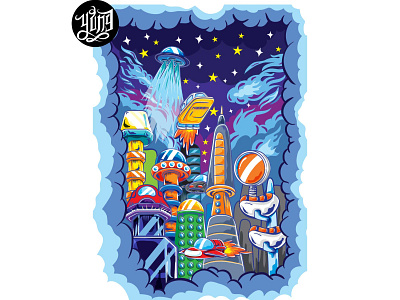 space city city cute design illustration space spaceship ufo