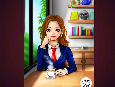 Girl in cafe cafe coffee cute girl girlpainting illustration