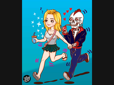 Girl & her skeleton boyfriend cute dating design girl horror illustration skeleton skull vector