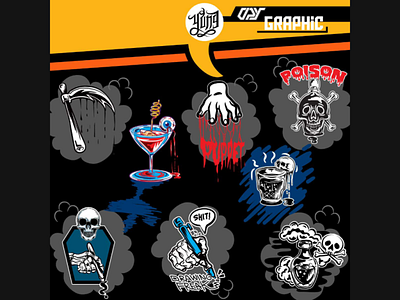 Compilation of my lately designs alchohol dark darkart horror illustration logo skeleton skull vector