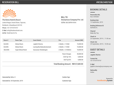 Reservation Bill hotel reservation bill reservation bill room reservation bill