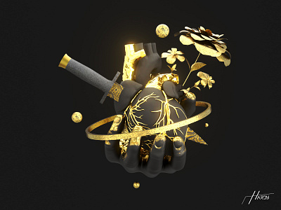 Heart compositing  3D artwork - Black Gold