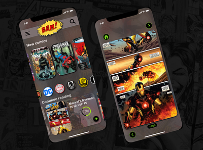 BAM! Comic Book App app design attempt batman comicbook dccomics design ironman marvelcomics spiderman ui