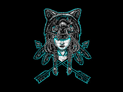 Wolf Spirit arrow feather girl linocut wolf wolves