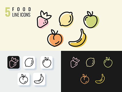 5 Healthy Food Line Icons adobe app apple banana design food fruit fruits graphic design green health icon illustration lemon line love outline peach vector vegan