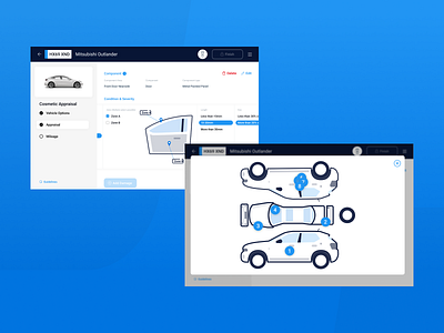 Vehicle cosmetic appraisal app app design blue car appraisal internal tool roboto splat diagram ui vehicle appraisal white