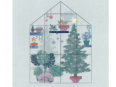 Christmas Greenhouse 🌲🌵🍃🎅🏼 chirstmastree christmas christmas card design flowers illustration indoorplants interior layering leaves procreate