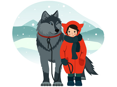 Girl and wolf girl illustration snow winter wolf