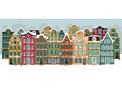 Winter European city amsterdam architecture card city european illustration snow winter