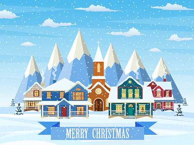 Merry christmas card. architecture background building cartoon christmas design flat house illustration landscape merry newyear scene snow village winter wood