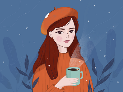 Tea and snow blue cold drawing firstshot girl illustration procreate red snow training winter
