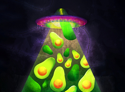 Cosmic sombrero abducting avocados digital painting illustration