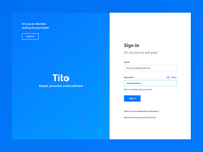 Tito Login blue dashboard event landing page login menu minimalist tito