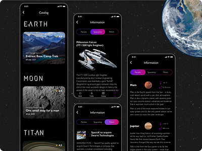 Space travel 8px grid dark theme design dreams flights future ios mobile app space teamwork travel ui ux