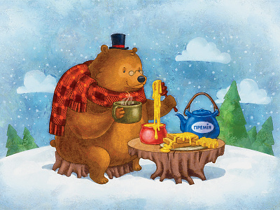 Bear at the new year picnic 2d bear honey illustration kettle lovely new year picnic pines sky snow tea