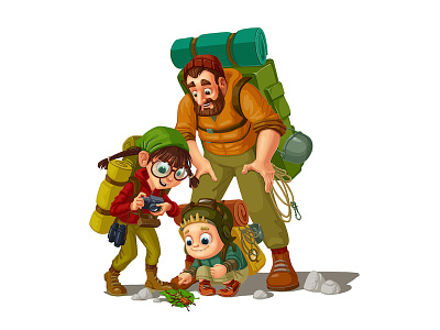 Family campaign 2d character design children application. expedition family game art illustration ios