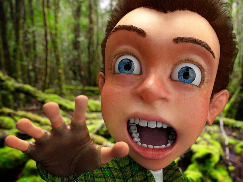 Little Sam in the forest seeking for adventure fur forest environment kid illustration high poly render character design compositing 3d cgi character