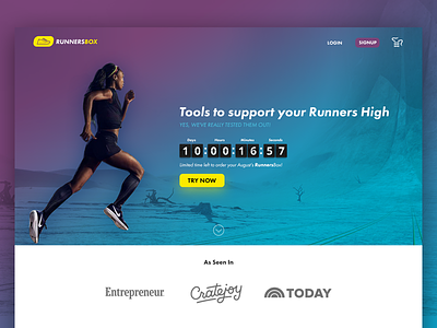 Landing page for Running Subscription Box Startup blue crate edgy fancy gradient purple run runnersbox running subscription yellow