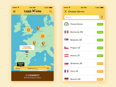 VPN App Design app design ios map mobile pastel tiger ui ux vpn yellow