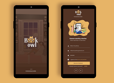 Splash screen and sign up page for Bookowl- E story mobile app app branding illustration logo