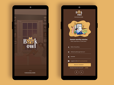 Splash screen and sign up page for Bookowl- E story mobile app