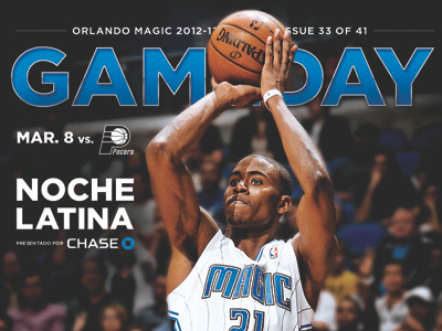 Gameday Mar. 8 basketball blue chase cover design fl gameday graphic design magazine magic nba noche latina orlando orlando magic pacers print