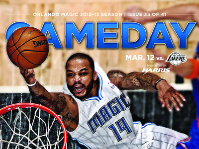 Gameday Mar. 12 basketball blue cover design fl gameday graphic design harris jameer nelson lakers magazine magic nba orlando orlando magic print