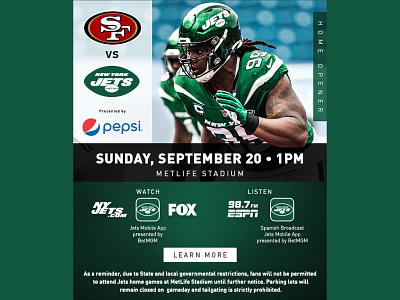 GAMEDAY VS 49ERS EMAIL creative design email football graphic design jets new york new york city new york jets nfl typography