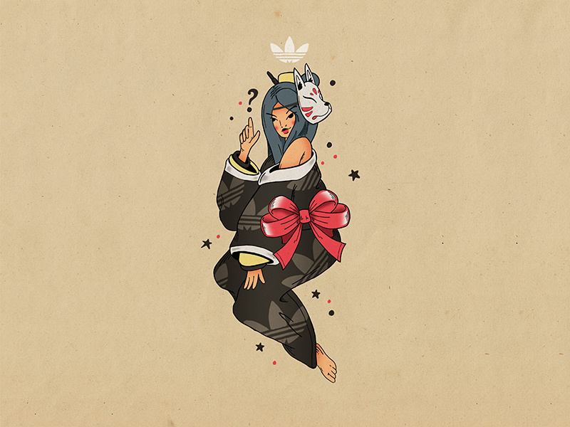 Adidas Pinup Babe sailor jerry bow japanese kitsune tattoo kimono girl pinup adidas