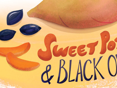 Sweet Potato + Olive Illustration for Vegetarian Times editorial illustration kalamata lettering olive sweet potato typography vegetarian times