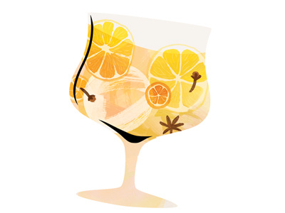 Mulled white wine sangria clove cocktail glass happy hour illustration kumquat lemon painterly spices star anise wine