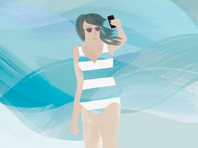 Woman on Beach #4 beach illustration ocean phone photograph selfie storm sunglasses swimsuit wind woman