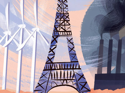 Sierra Magazine Director's Message climate change coal editorial eiffel tower illustration paris wind power