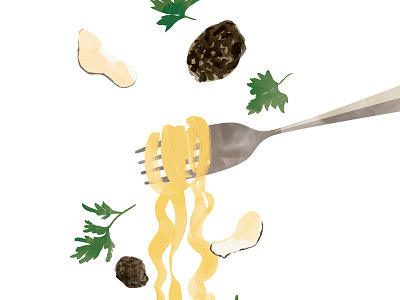 Tagliatelle Pasta w/ Black Truffles editorial food fork illustration parsley pasta truffle