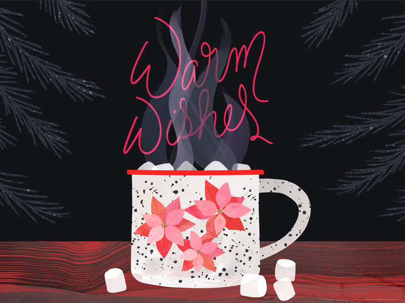 Warm Wishes mug camping wood grain pine tree food illustration cocoa poinsettia hand lettering christmas holiday